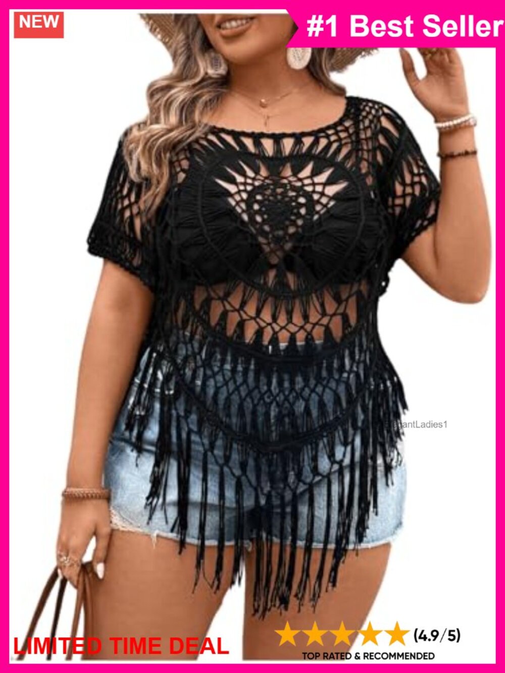 Women's Plus Size Hollow Out Crochet Knit Scoop Neck Short Sleeve Tee